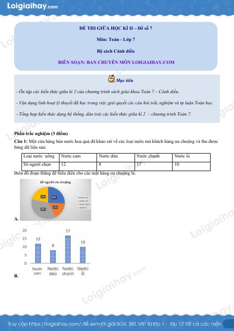 Đề thi giữa kì 2 Toán 7 Cánh diều - Đề số 7